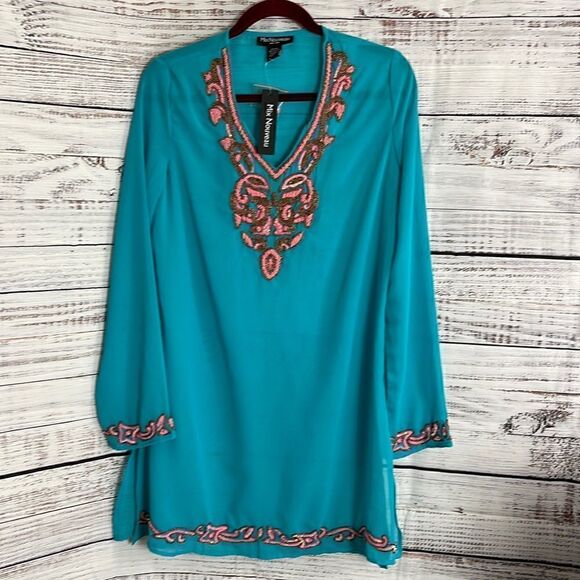Mix nouveau Tunic Womens size Small chiffon Beaded Boho sequins Aruba Blue New - Picture 1 of 9
